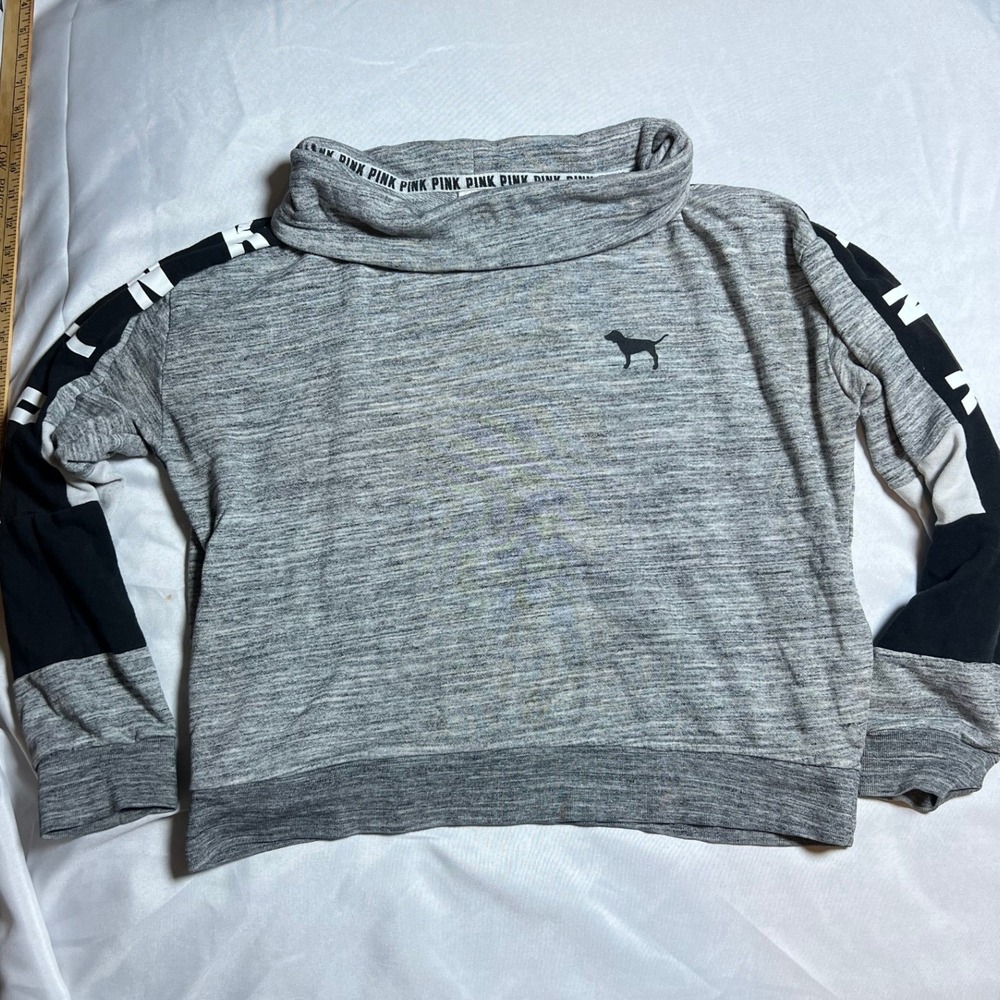 PINK‎ Victoria's Secret Funnel Neck Sweatshirt Grey Logo Tape Sleeve Large